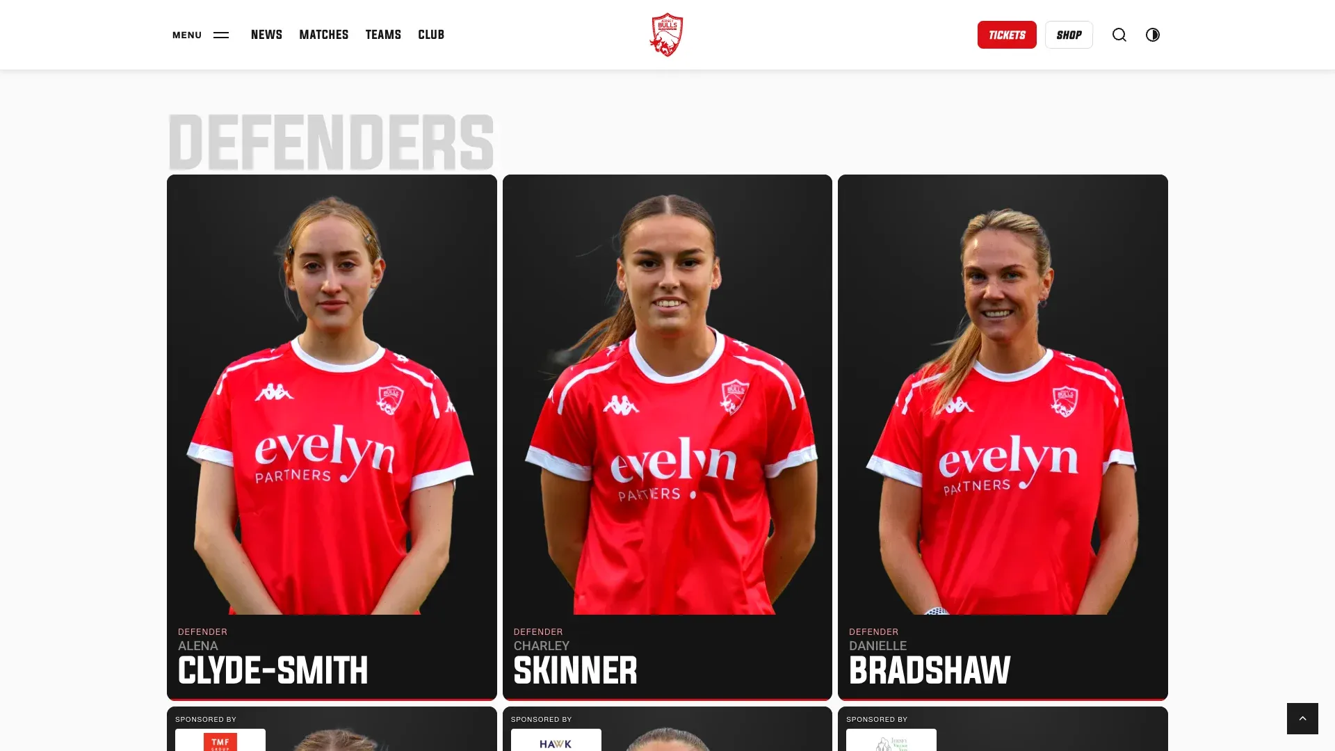 Women’s squad page showing Alena Clyde-Smith, Charley Skinner and Danielle Bradshaw