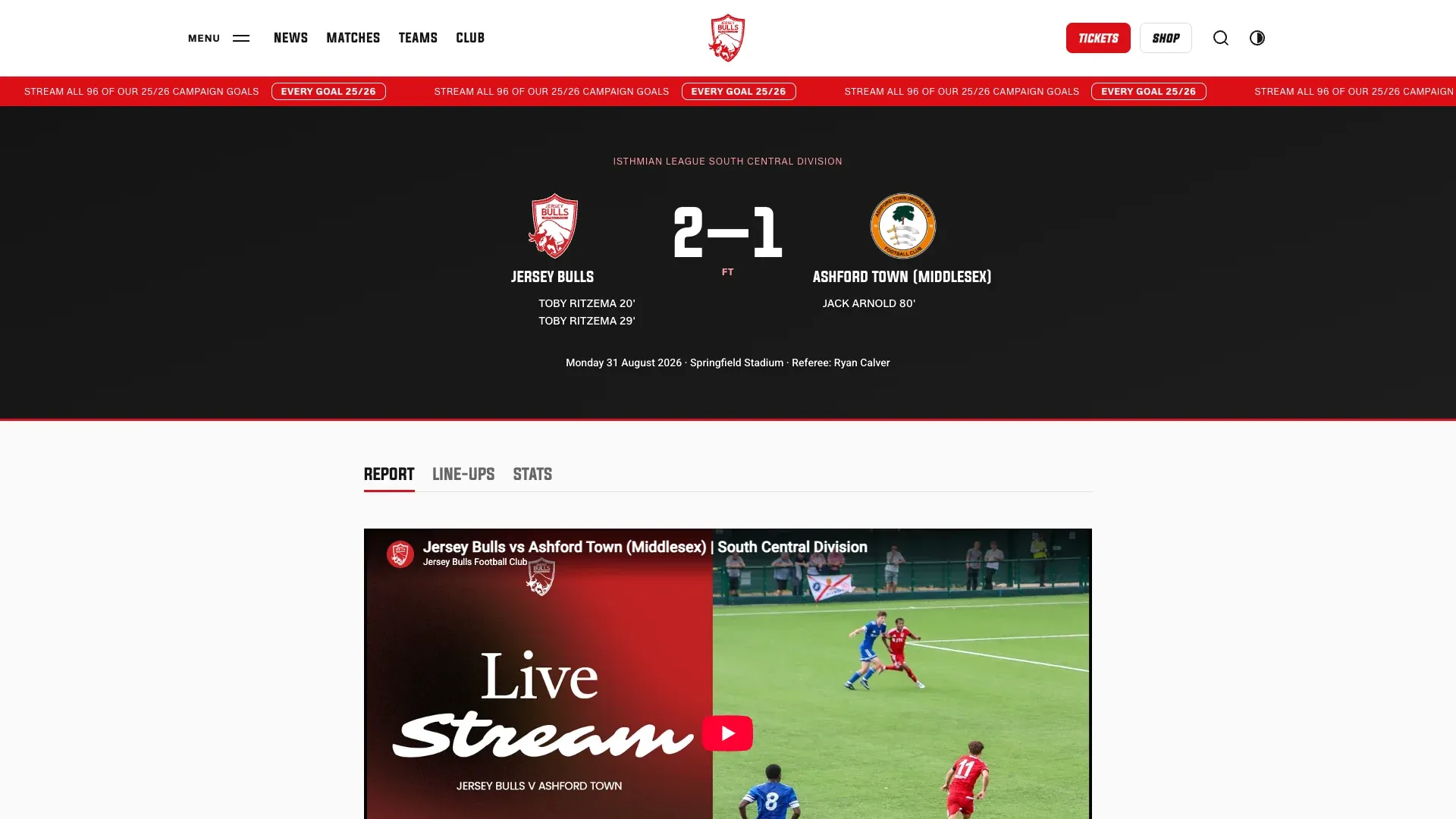 The match centre keeps the score, report and match coverage in one place.