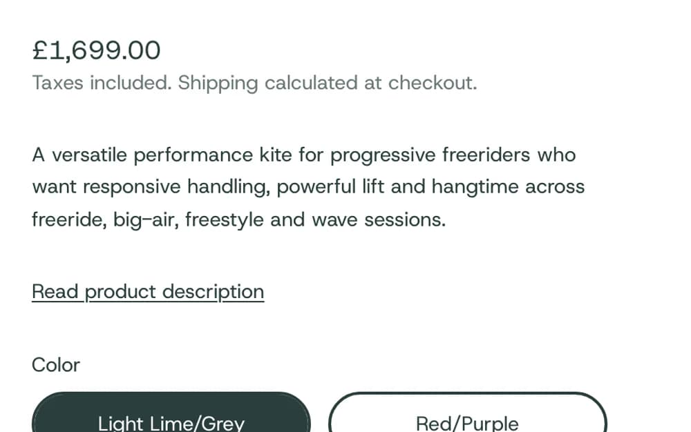 Close-up of the product page: price