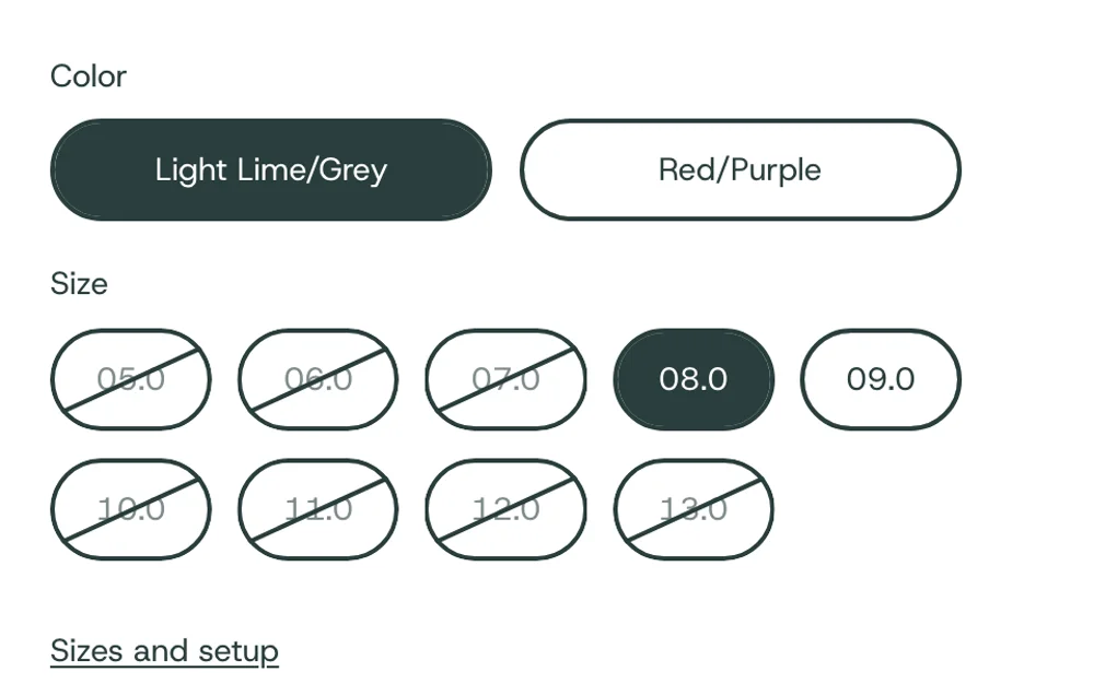 Close-up of the product page: size availability