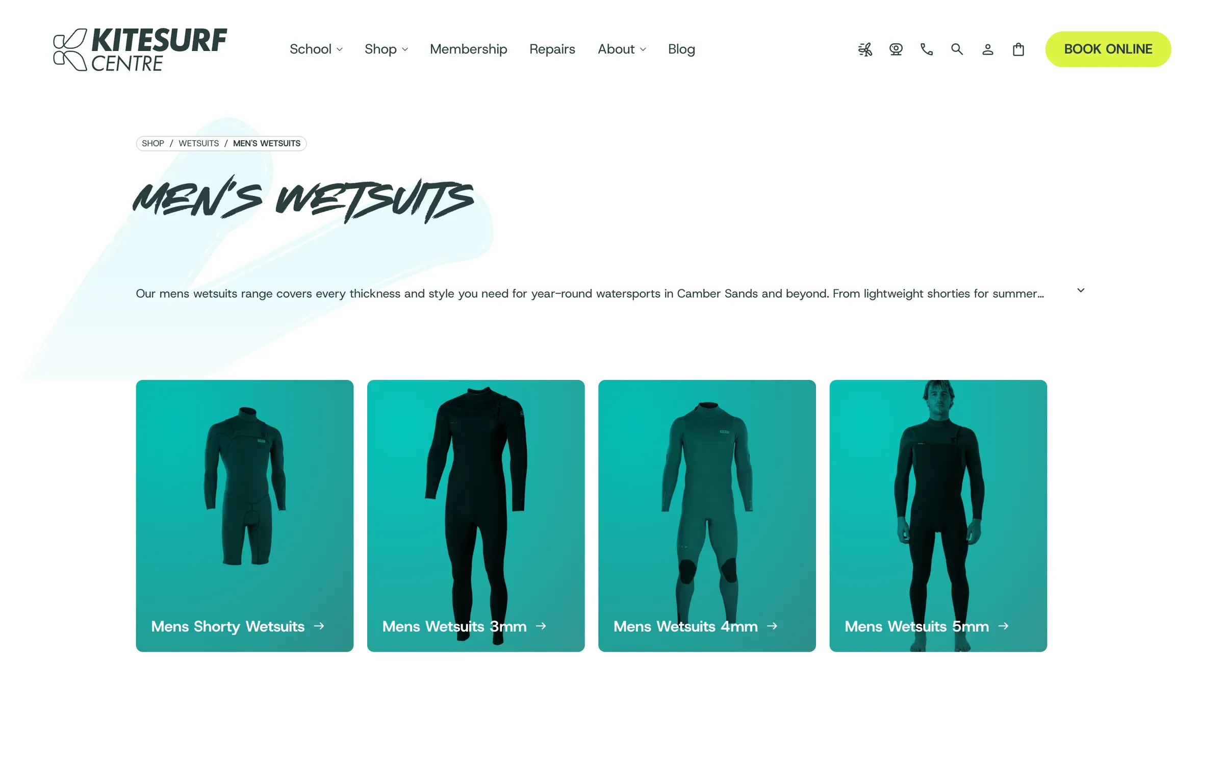 The Men’s Wetsuits collection with links by wetsuit thickness