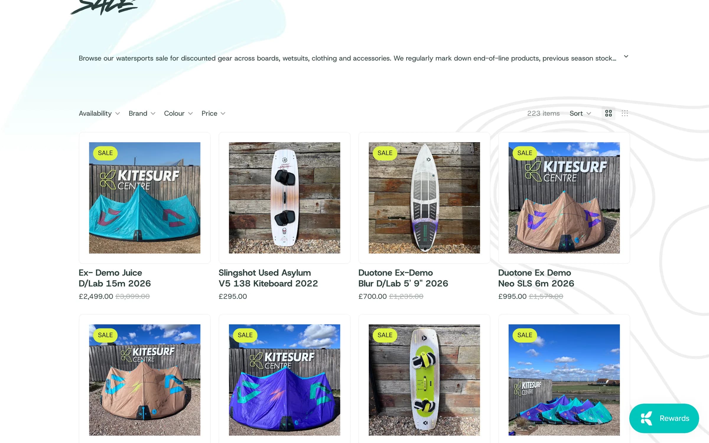 The sale collection showing current prices beside the original prices