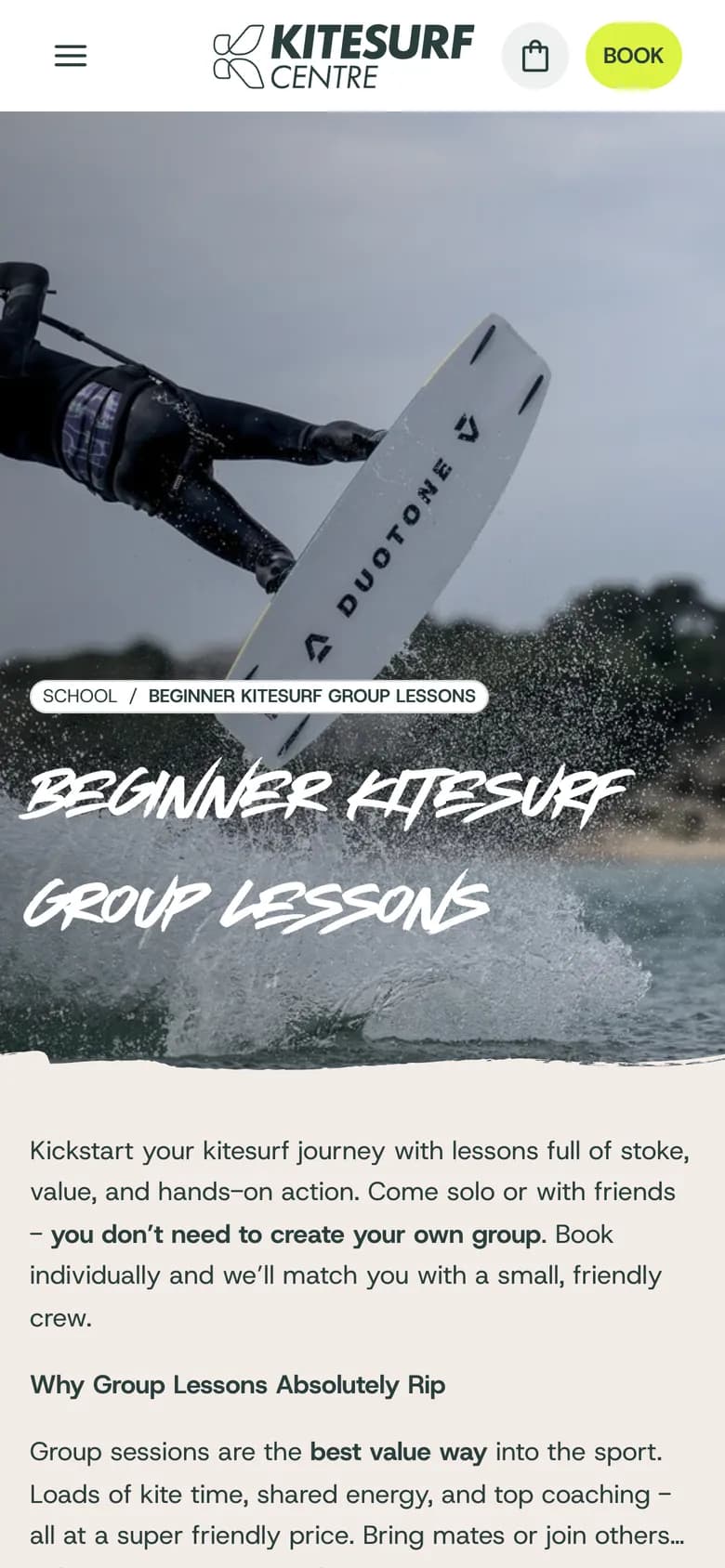 The Beginner Kitesurf Group Lessons page on a phone