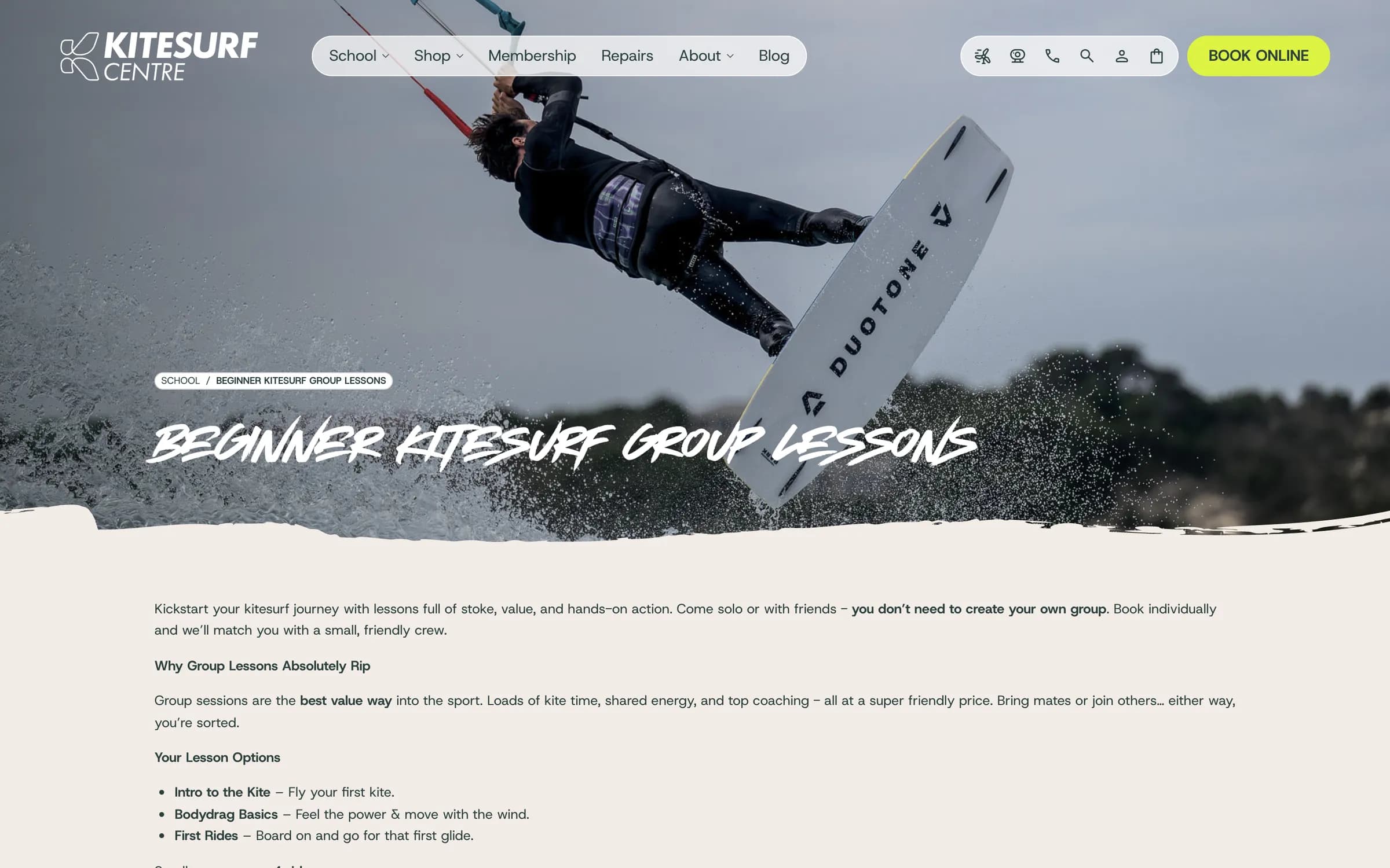 The Beginner Kitesurf Group Lessons page