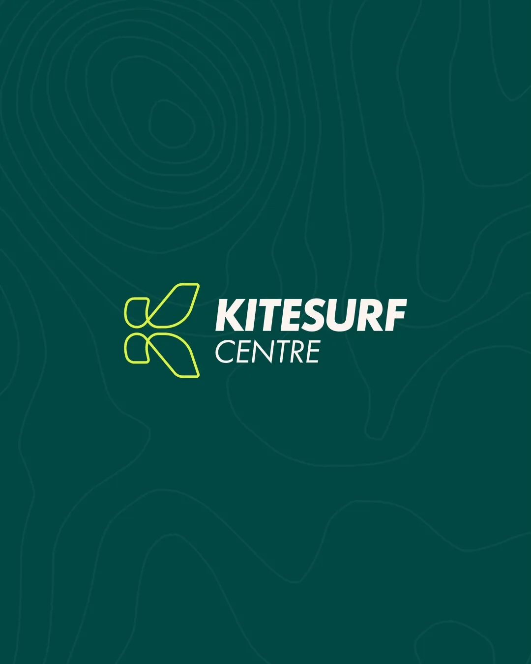 The Kitesurf Centre logo in yellow on the dark teal contour pattern