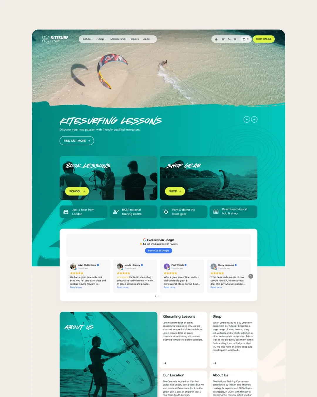 The Kitesurf Centre homepage shown on a desktop screen